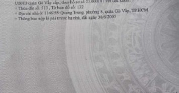 Đất hẻm 1146/55 Quang Trung, Phường 8, Gò Vấp, Hẻm 3m thông, 4,7 NH 4,84x9,5m, Cn 45,5 m2, 3,75 tỷ TL